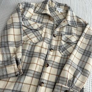 Böhme Women's Plaid Shacket Button Up Shirt Plaid Tan Gray Wool Blend